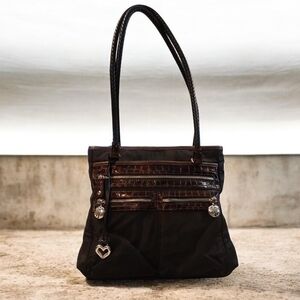 Brighton Sholder Bag Suspendor Braided Straps Nylon Wiht Croc Embossed Trim